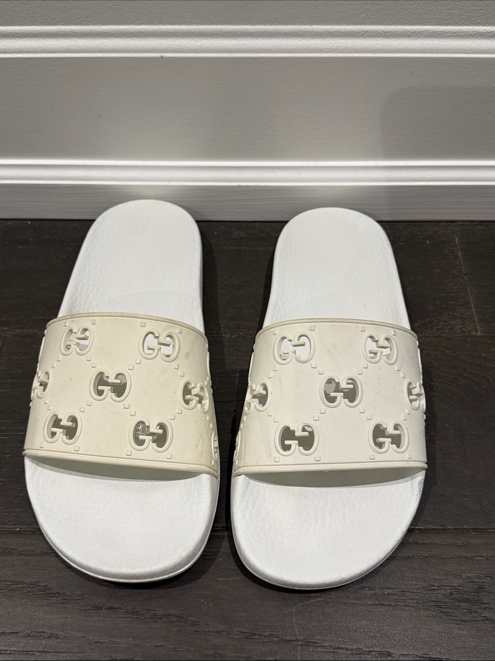 Gucci Off-White Embossed GG Rubber Slide Sandals